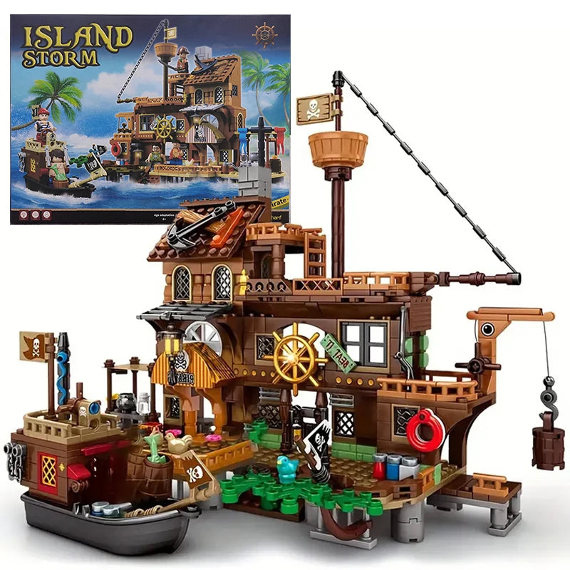 RiceBlock Island Storm Pirate Wharf Building Brick Set | Fortress, Ship & Adventure Scene