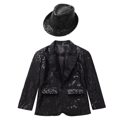 Boys Sequin Dance Tuxedo Jacket Suit & Fedora Hat (Age 6-16 YRS)