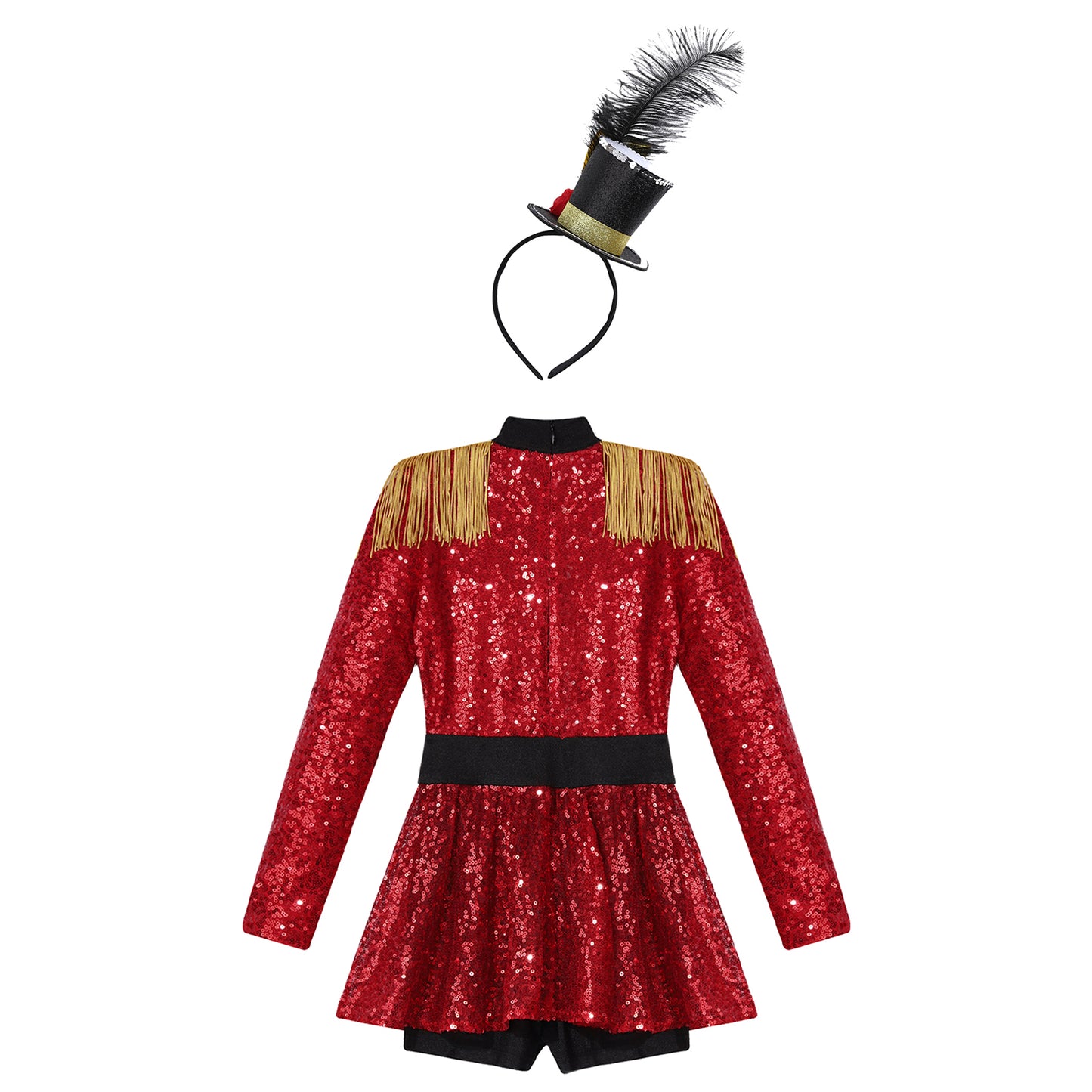 Girls Halloween Circus Ringmaster Costume Long Sleeve Sequin Leotard Dress (Age 6-14YRS)