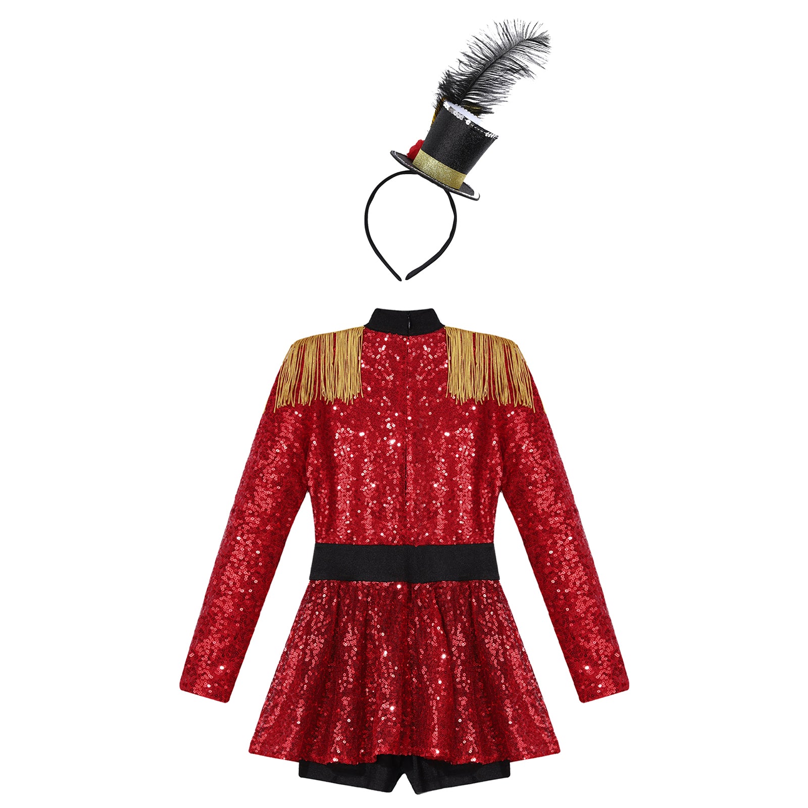 Girls Halloween Circus Ringmaster Costume Long Sleeve Sequin Leotard Dress (Age 6-14YRS)
