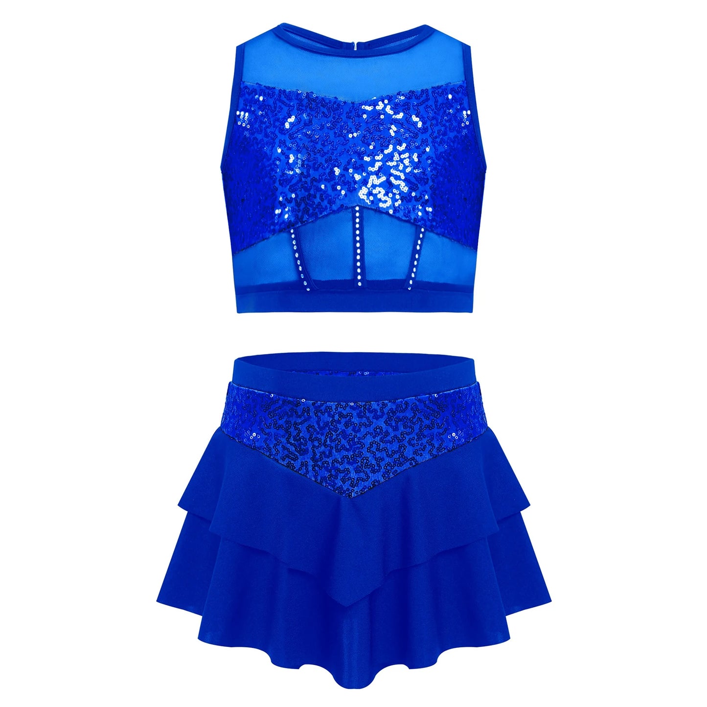 Girls Sequin Sheer Mesh Crop Top & Tiered Skirt Set (Age 6-16YRS)