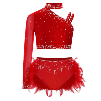Girls Gymnastics Dance Performance Costume Rhinestone Crop Top With Feather Shorts Set (Age 6-16YRS)
