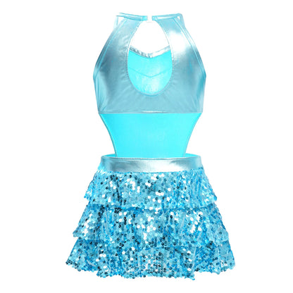 Girls Sequin Dance Sleeveless Cutout Tiered Ruffle Metallic Leotard Dress (Age 6-16 YRS)