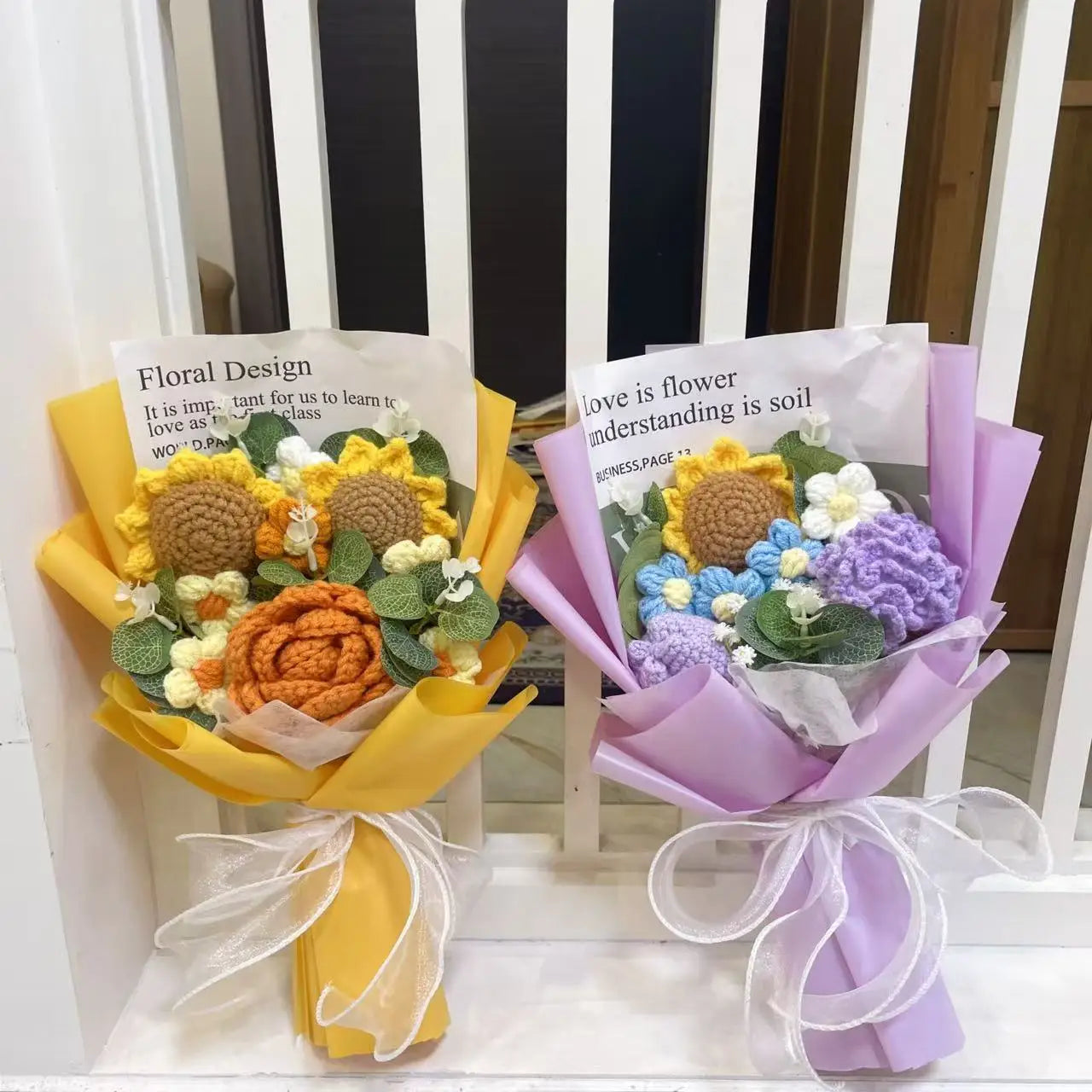 Plush Knitted Sunflowers Roses Crochet Flowers Gift Bouquet
