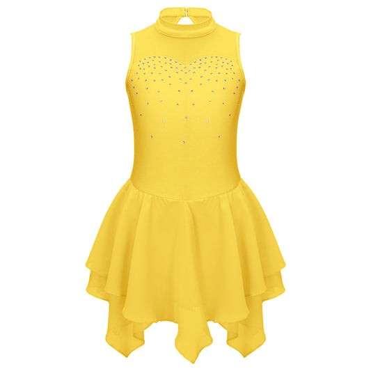 Girls Ballet Figure Skating Tutu Sleeveless Rhinestone Leotard Dress (Age 6-16 YRS)