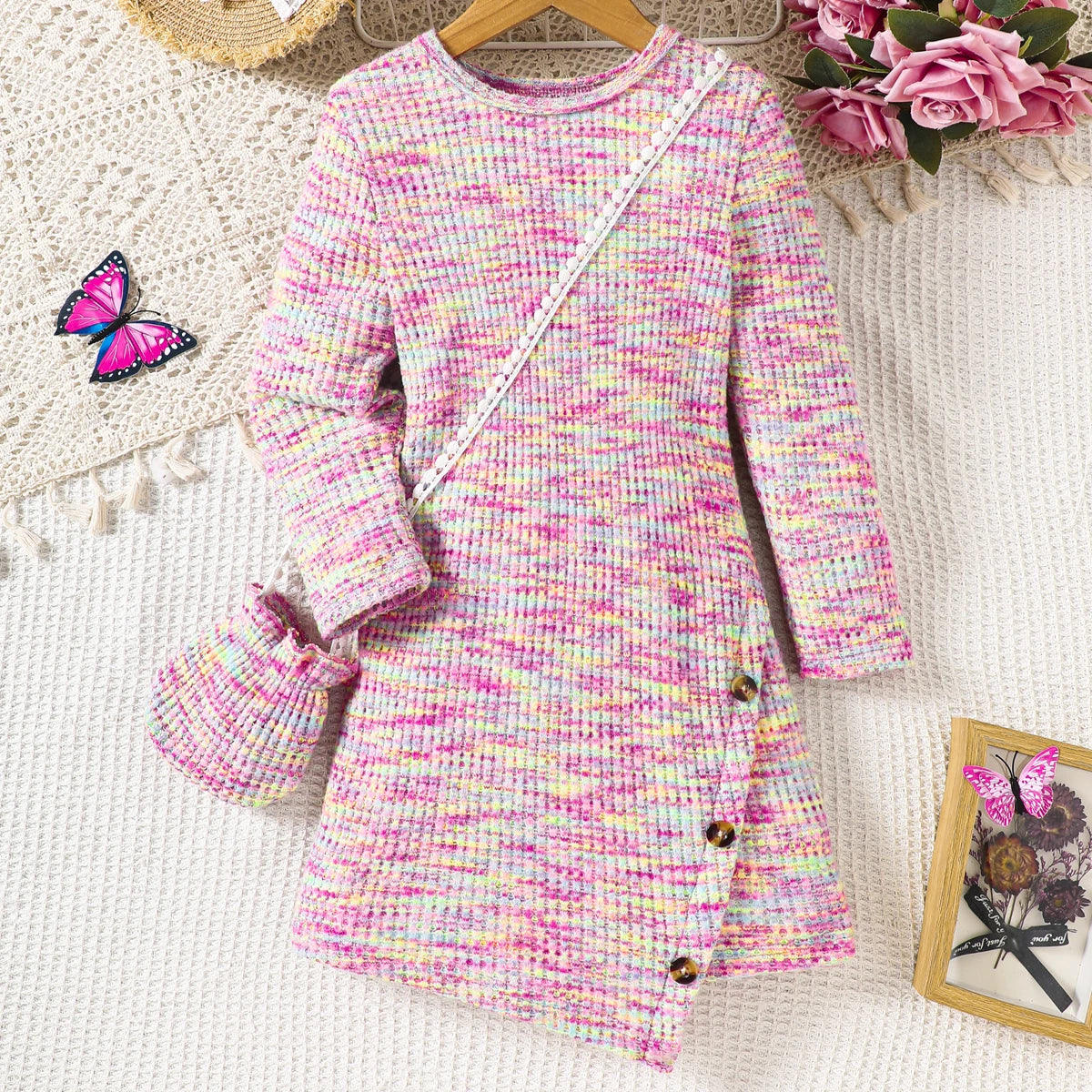 Girls Long Sleeved Knitted Dresses & Handbag (Age 4-7 YRS) Pink
