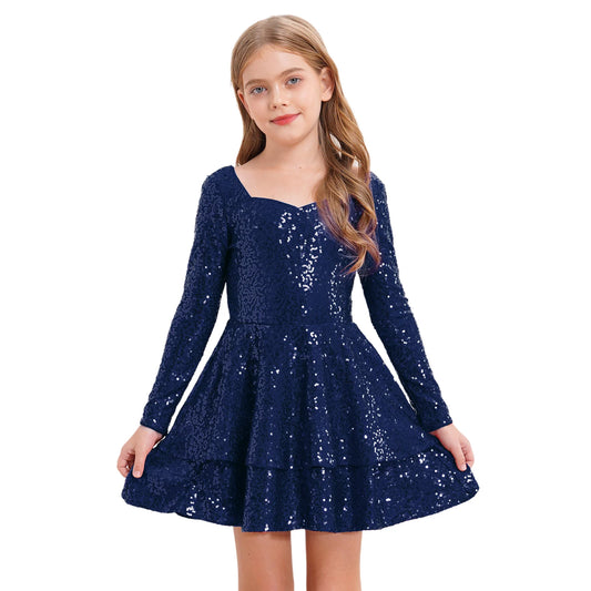 Girls Sequin Long Sleeve Double Layer Hemline Dress (Age 6-14 YRS) Navy Blue