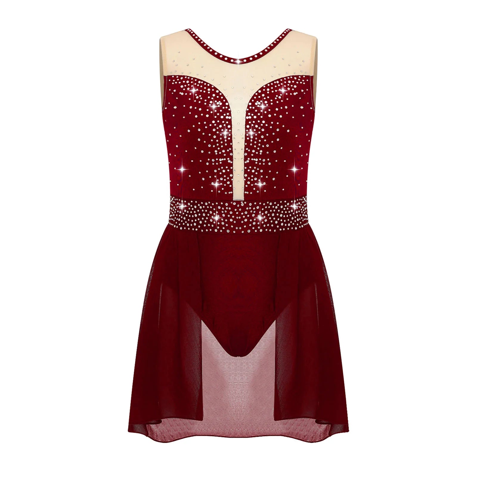 Rhinestone Gymnastics Figure Skating Dress for Teen Girls Sleeveless Sheer Mesh Tutu Ballet Leotard Lyrical Performance Costume