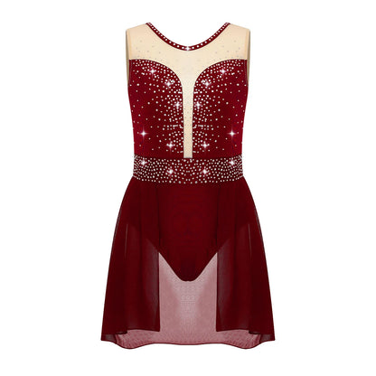 Rhinestone Gymnastics Figure Skating Dress for Teen Girls Sleeveless Sheer Mesh Tutu Ballet Leotard Lyrical Performance Costume