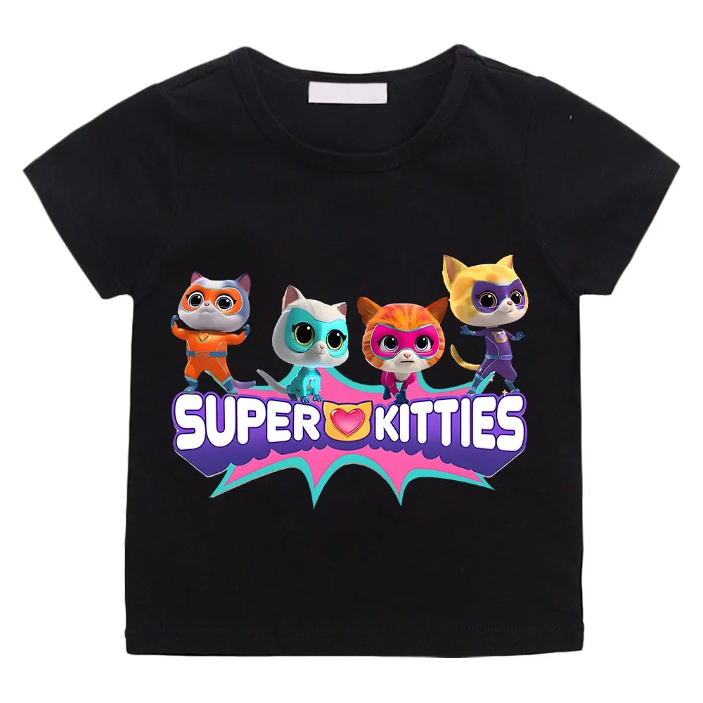 SuperKitties Cartoon Printed Summer Top – 100% Pure Cotton T-Shirt | Short Sleeves | Ages 2–12 Black