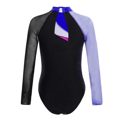 Girls Ballet Dance Leotard Gymnastics Rhinestones Sheer Mesh Long Sleeve (Age 4-16 YRS)
