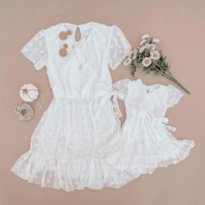 Mother & Daughter Matching Short Sleeves V-neck Polka Dot Dress (Mommy & Me)