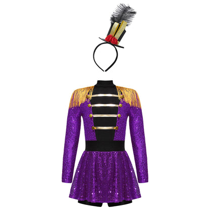 Girls Halloween Circus Ringmaster Costume Long Sleeve Sequin Leotard Dress (Age 6-14YRS) Purple B
