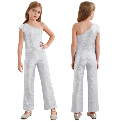 Girls Sequin One Shoulder Jumpsuit (Age 6-16YRS)
