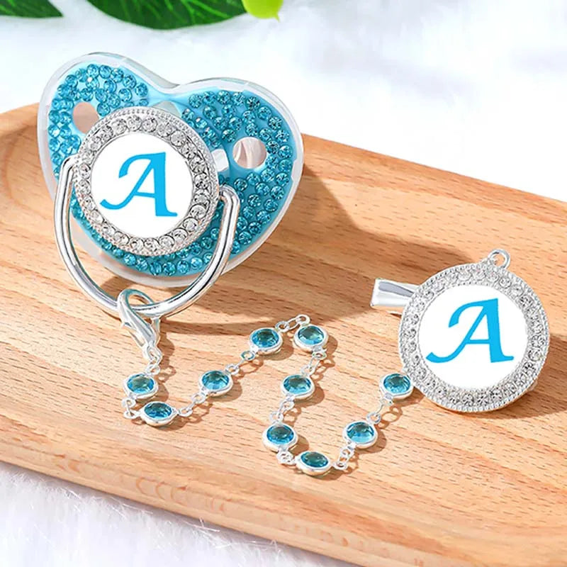Baby Blue Zircon Rhinestone Luxury Pacifier Dummy Clip