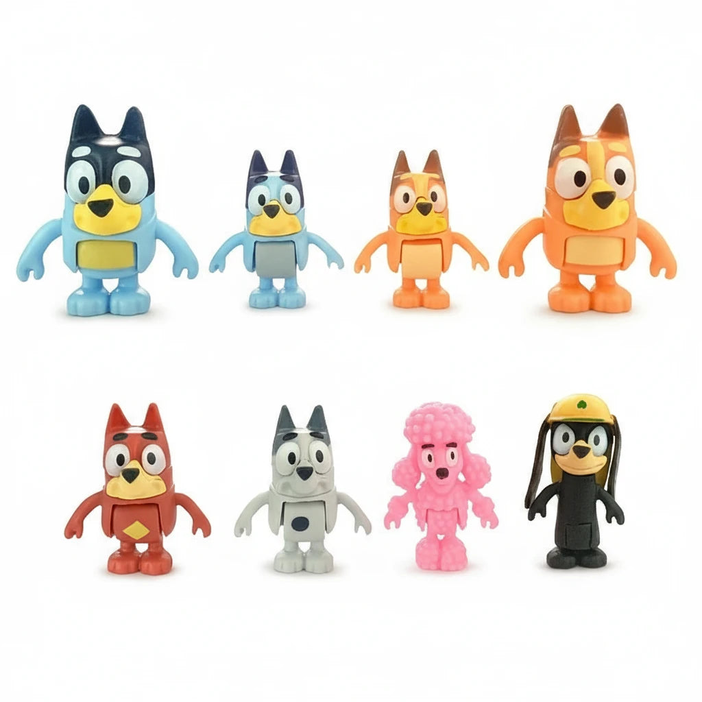 Bluey & Bingo Anime Figure Set – 8-Piece Poseable Model Toys Multicoloured