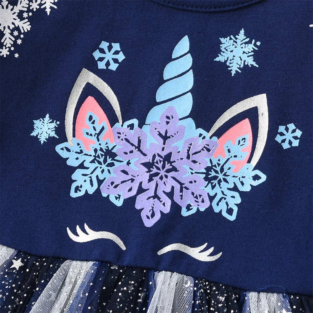 Girls Navy Unicorn Snowflake Tulle Dress (Age 3-8YRS)