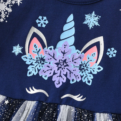 Girls Navy Unicorn Snowflake Tulle Dress (Age 3-8YRS)