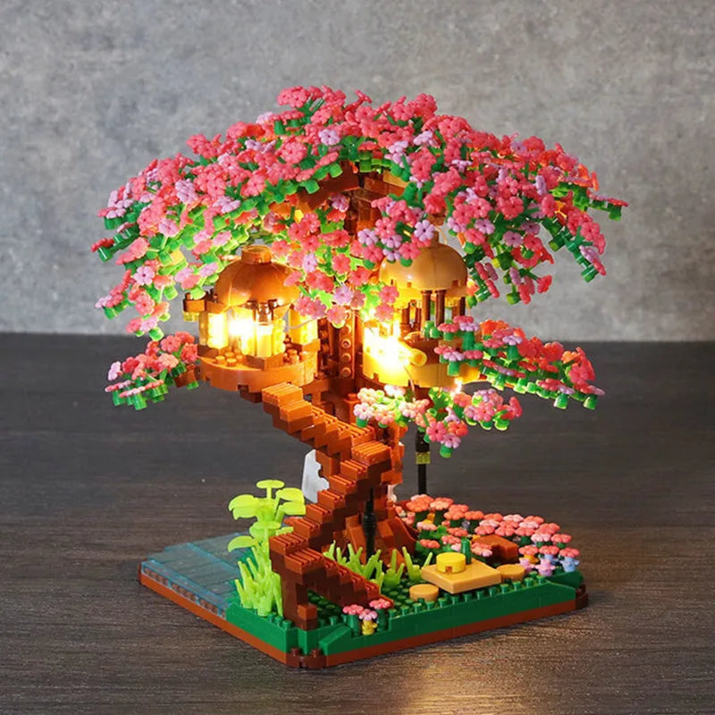 Mini Sakura Tree Building Blocks Set DIY Cherry Blossom Bricks with Light Treehouse Pink With Light
