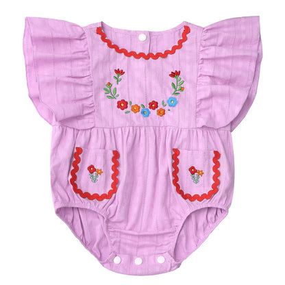 Baby Girls Mexican Embroidered Ruffled Sleeves Romper (Age Newborn-24M) Purple
