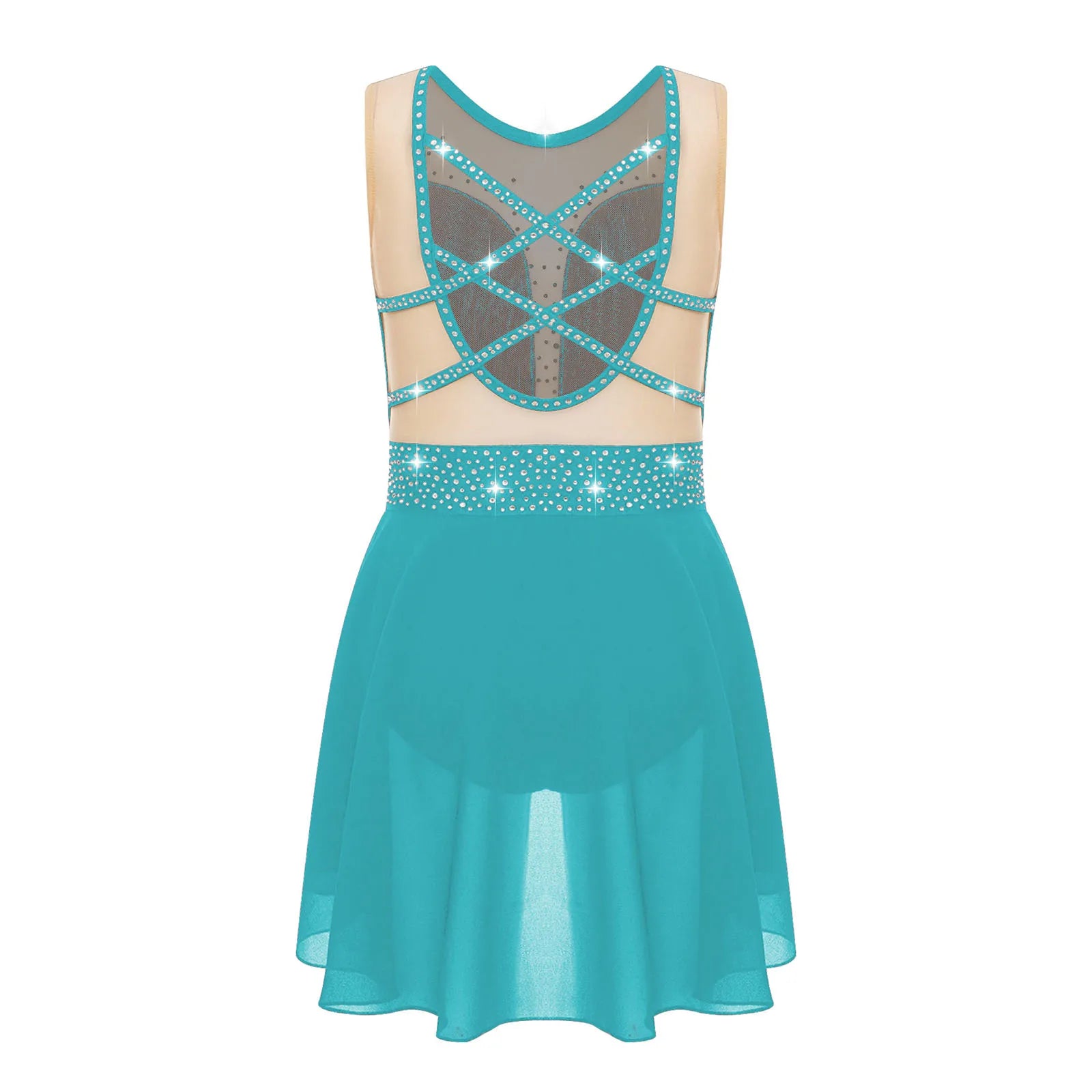 Rhinestone Gymnastics Figure Skating Dress for Teen Girls Sleeveless Sheer Mesh Tutu Ballet Leotard Lyrical Performance Costume