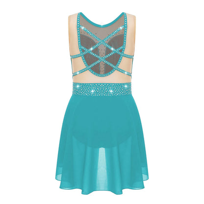 Rhinestone Gymnastics Figure Skating Dress for Teen Girls Sleeveless Sheer Mesh Tutu Ballet Leotard Lyrical Performance Costume