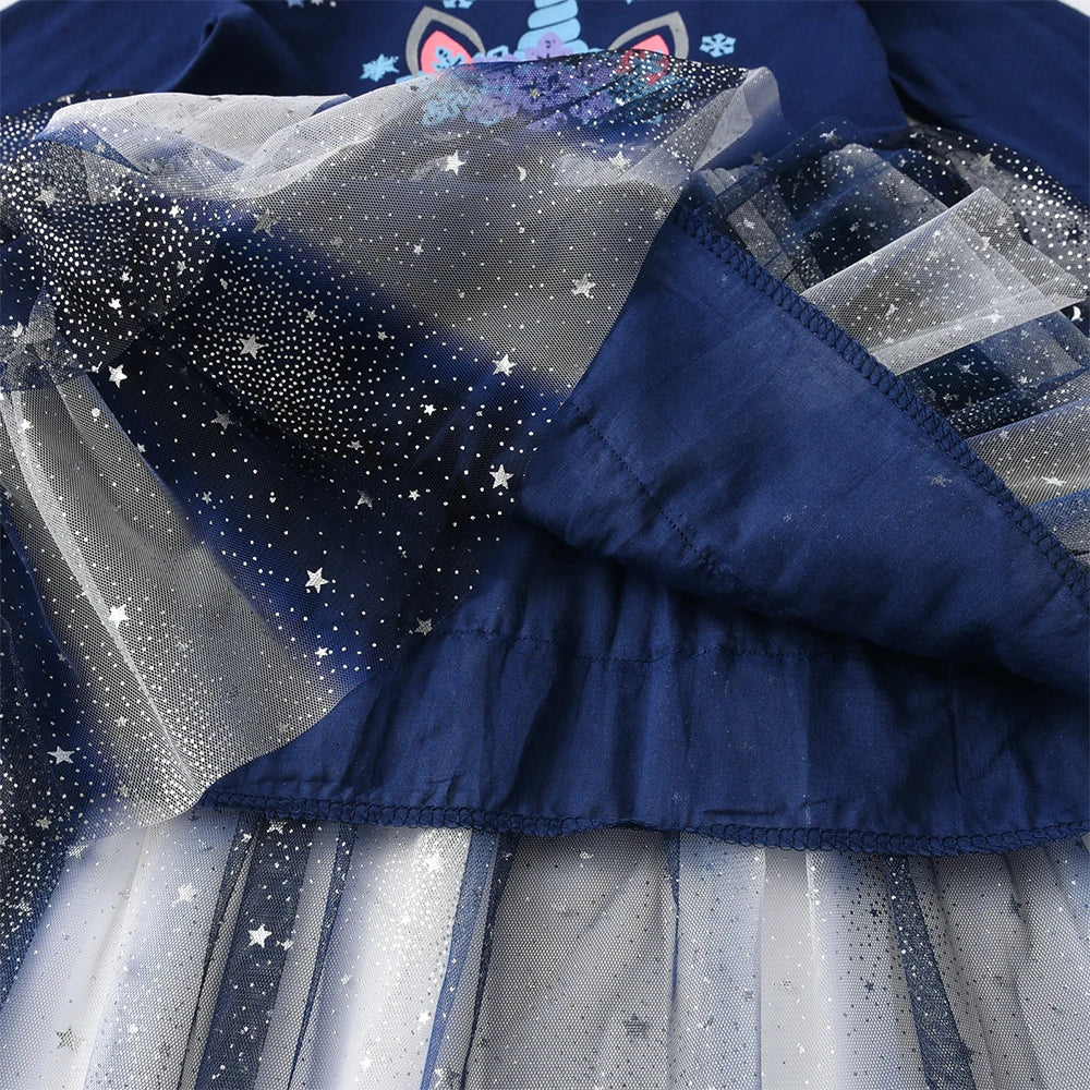 Girls Navy Unicorn Snowflake Tulle Dress (Age 3-8YRS)