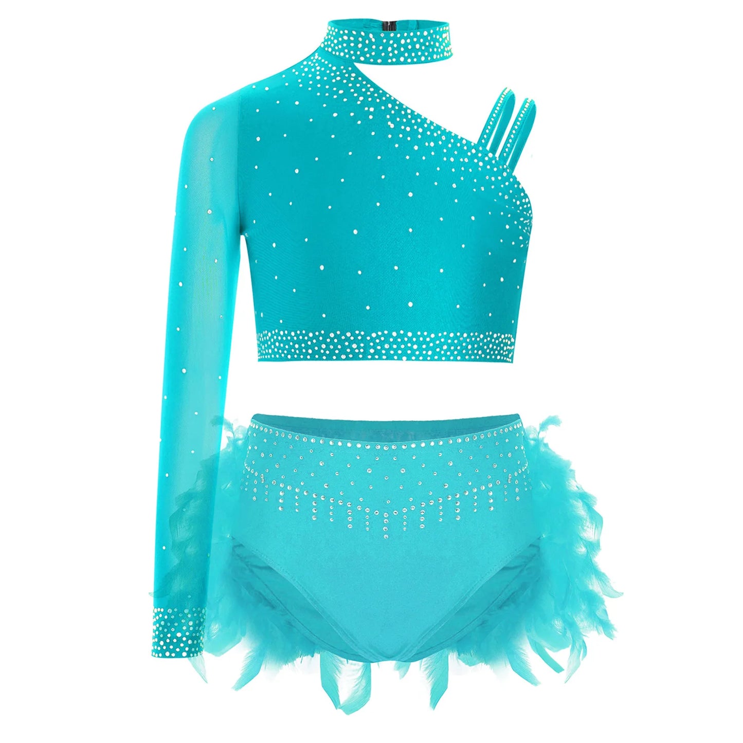 Girls Gymnastics Dance Performance Costume Rhinestone Crop Top With Feather Shorts Set (Age 6-16YRS)
