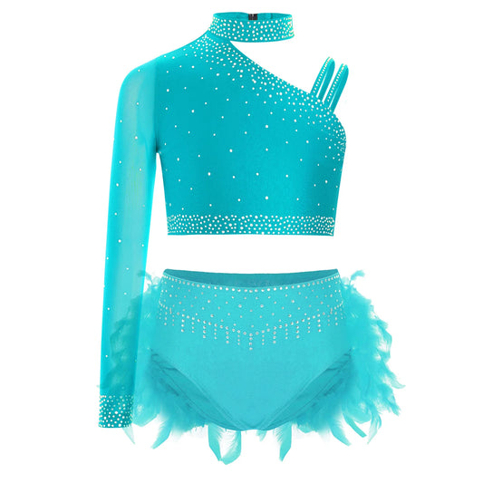 Girls Gymnastics Dance Performance Costume Rhinestone Crop Top With Feather Shorts Set (Age 6-16YRS)