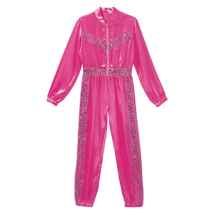 Girls Sequin Satin m Long Sleeve Zipper Jumpsuit (Age 6-16 YRS)