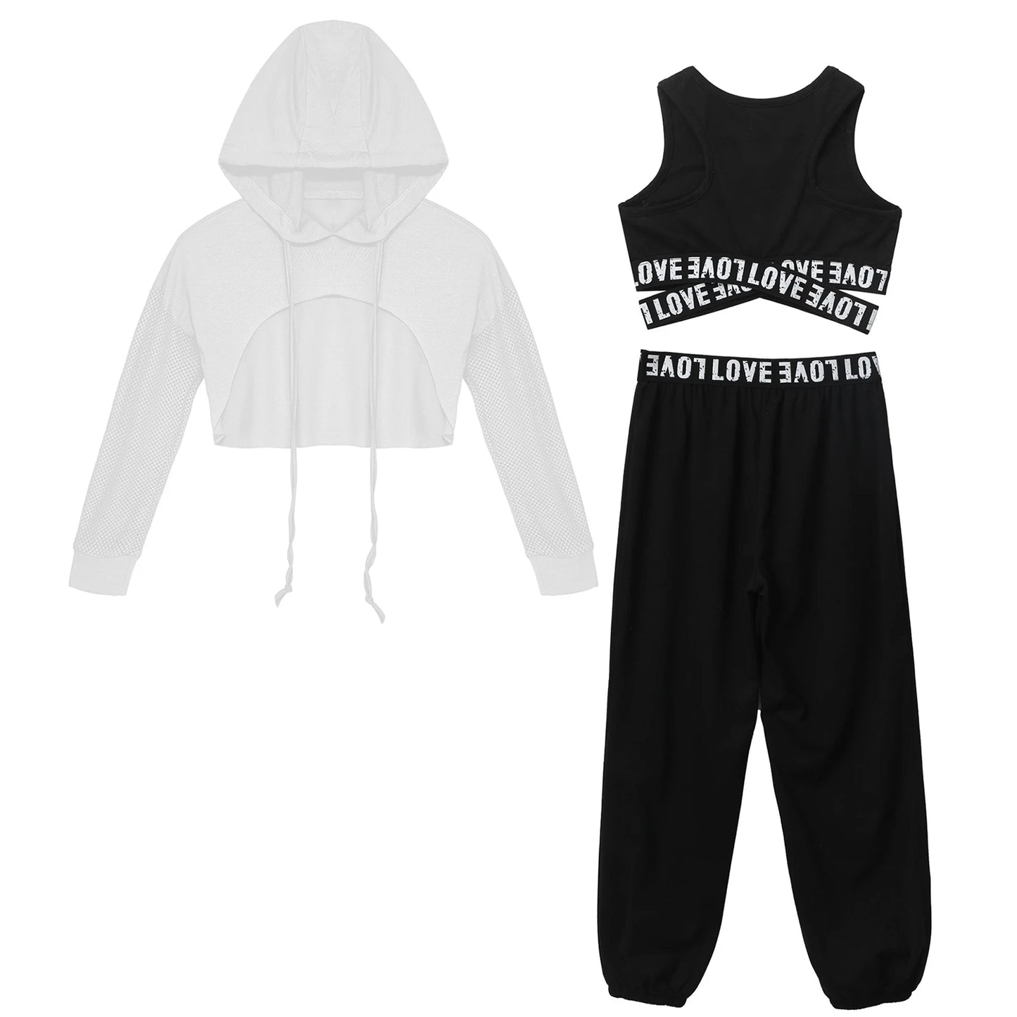 Girls Hip Hop Long Sleeve Drawstring Hooded Tops with Crop Top Pants Tracksuit (Age 6-14YRS)
