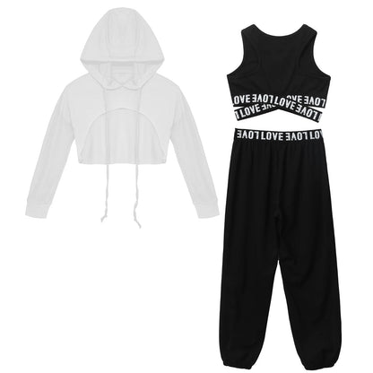 Girls Hip Hop Long Sleeve Drawstring Hooded Tops with Crop Top Pants Tracksuit (Age 6-14YRS)