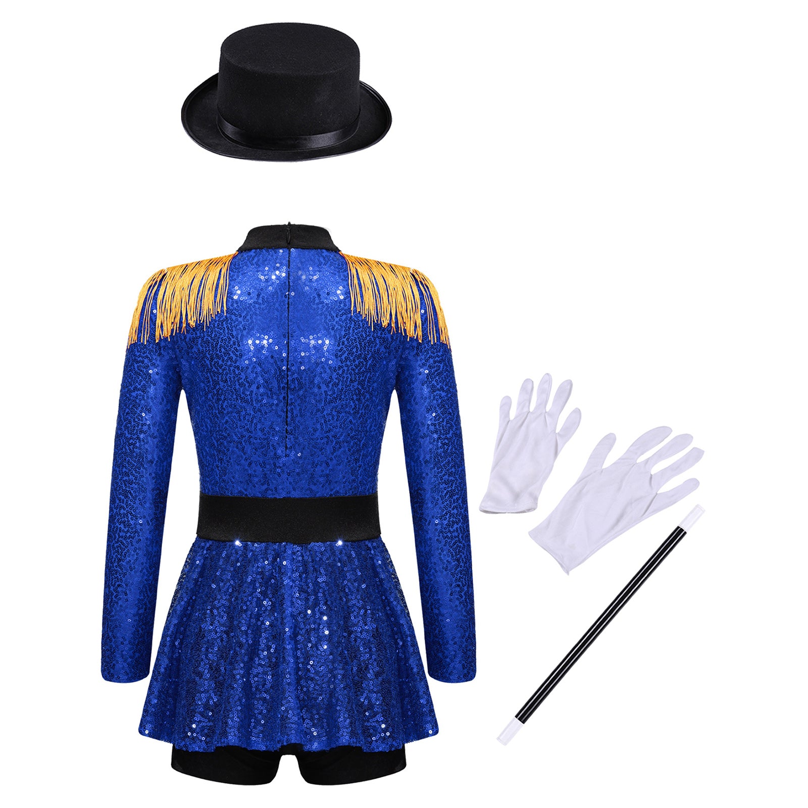 Girls Halloween Circus Ringmaster Costume Long Sleeve Sequin Leotard Dress (Age 6-14YRS)
