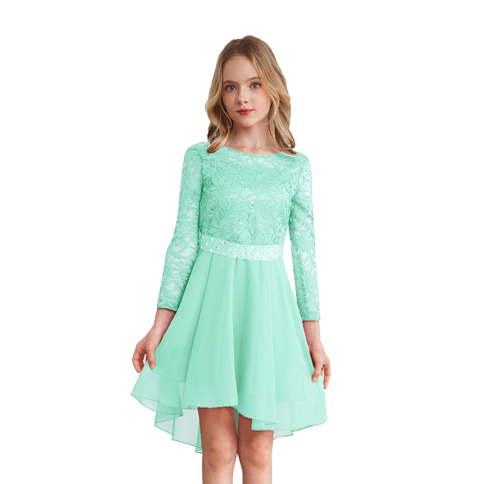 Girls Lace Chiffon Long Sleeve High-Rhinestone Sash Dress (Age 6-16 YRS)