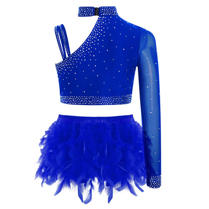 Girls Gymnastics Dance Performance Costume Rhinestone Crop Top With Feather Shorts Set (Age 6-16YRS)