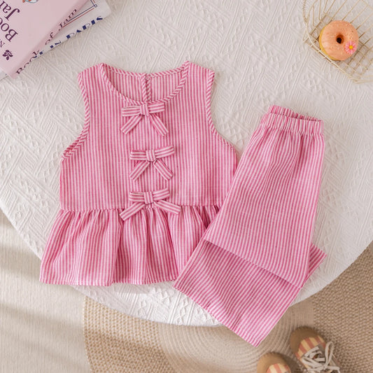 Girls' Suits Pink Stripe Bow Sleeveless Vest Top & Trousers Set (Age 3-7 YRS)