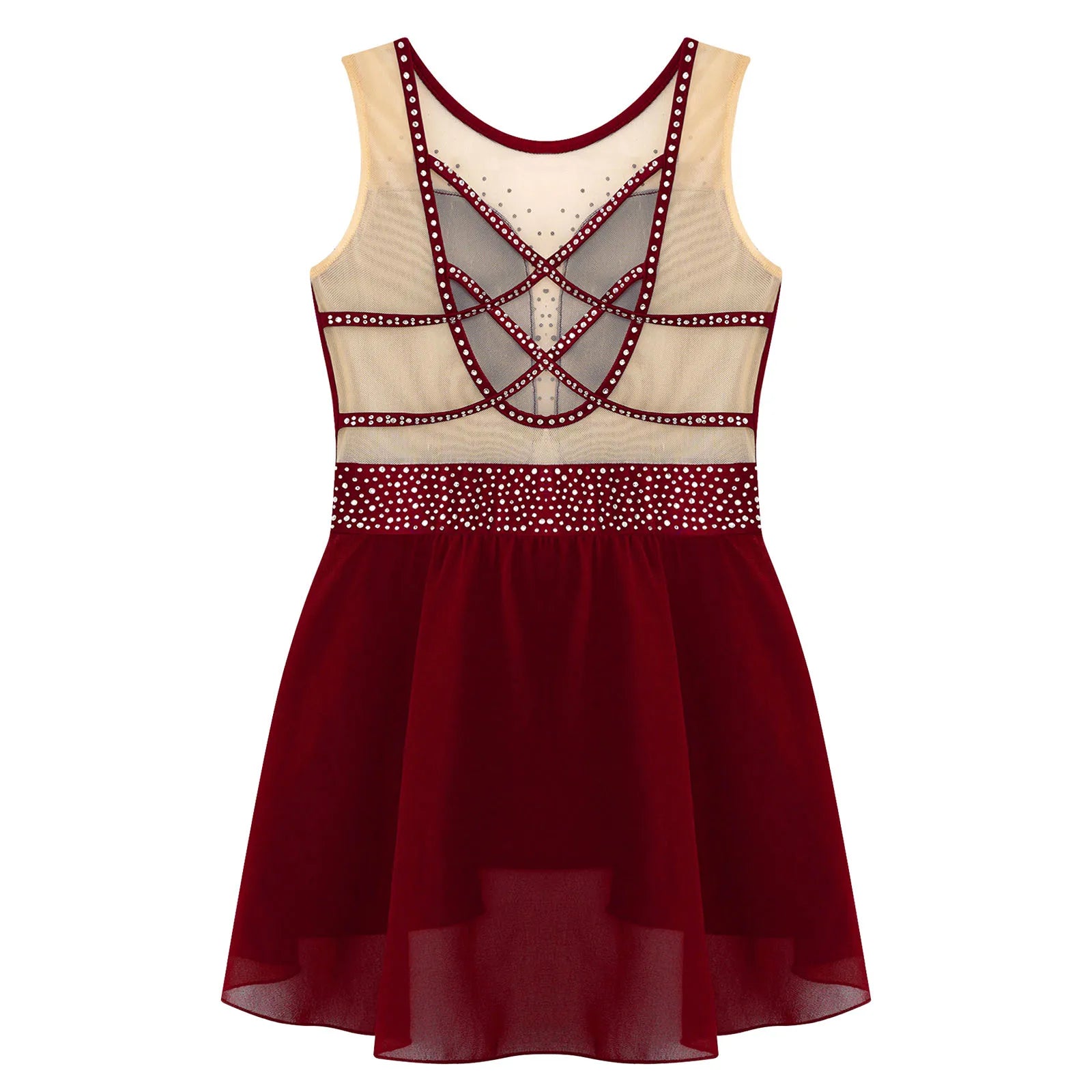 Rhinestone Gymnastics Figure Skating Dress for Teen Girls Sleeveless Sheer Mesh Tutu Ballet Leotard Lyrical Performance Costume