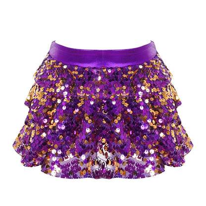 Girls Tiered Ruffle Dance Metallic Shiny Shorts (Age 4-16 YEARS) Purple