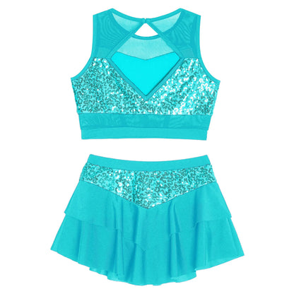 Girls Sequin Sheer Mesh Crop Top & Tiered Skirt Set (Age 6-16YRS)