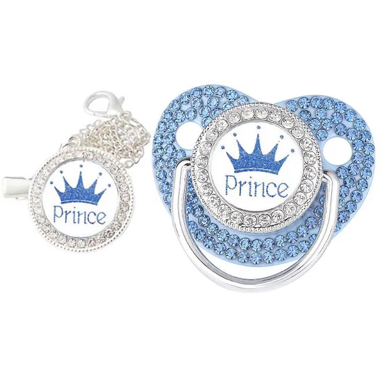 Luxury ‘Princess’ Rhinestone Crown Pacifier Dummy Clip Blue Silver