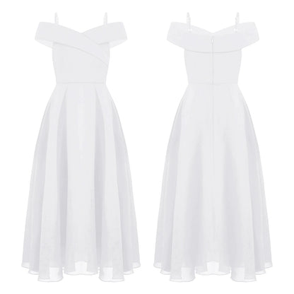 Girls Chiffon Off-the-Shoulder Adjustable A-Line Dress (Age 4-16 YRS) White