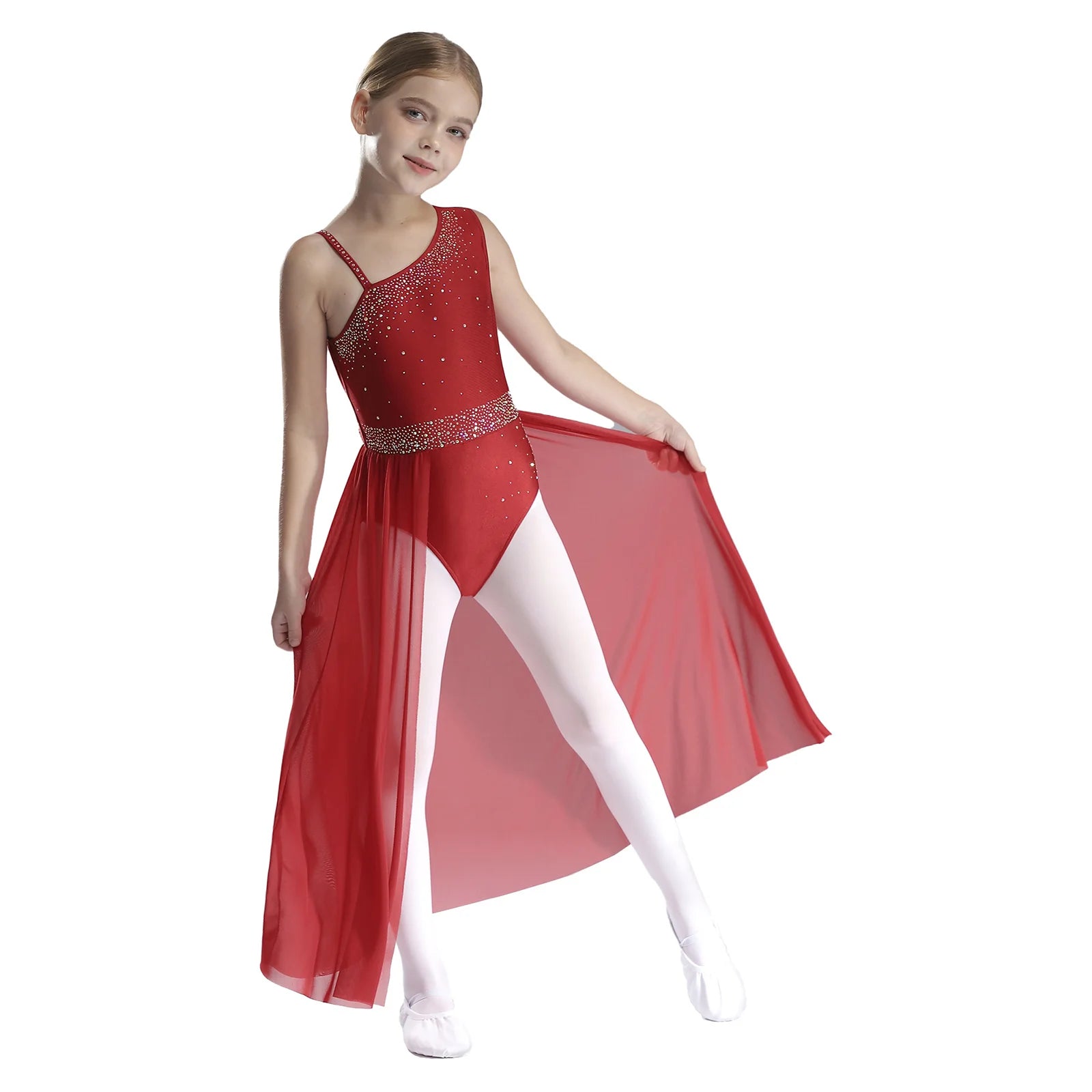 Girls Dance Costume Ballet Rhinestones Sleeveless Sheer Mesh Leotard Dress (Age 6-16 YRS)