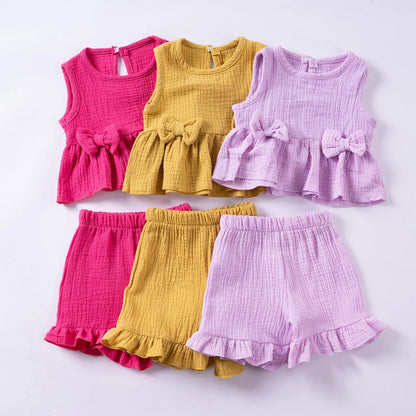 Baby/Toddler Sleeveless Bowknot Ruffled Vest Camisole & Shorts (Age 6M-5YRS)