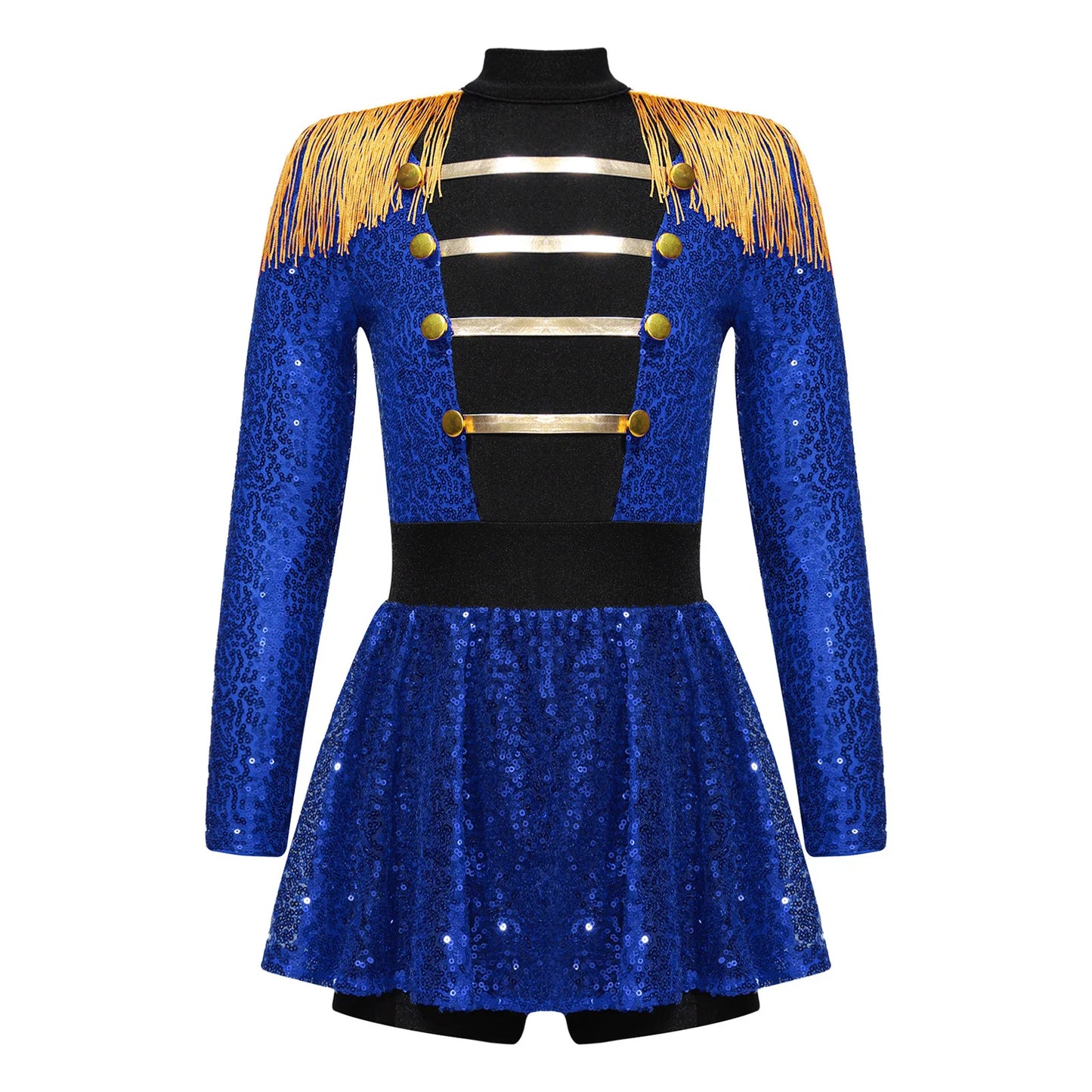 Girls Halloween Circus Ringmaster Costume Long Sleeve Sequin Leotard Dress (Age 6-14YRS) Blue D