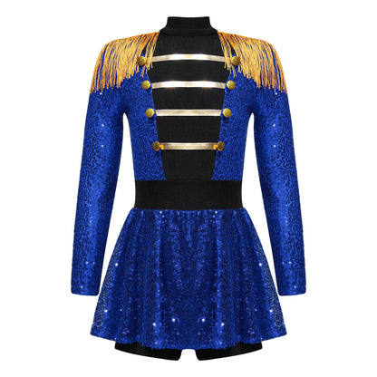 Girls Halloween Circus Ringmaster Costume Long Sleeve Sequin Leotard Dress (Age 6-14YRS) Blue D