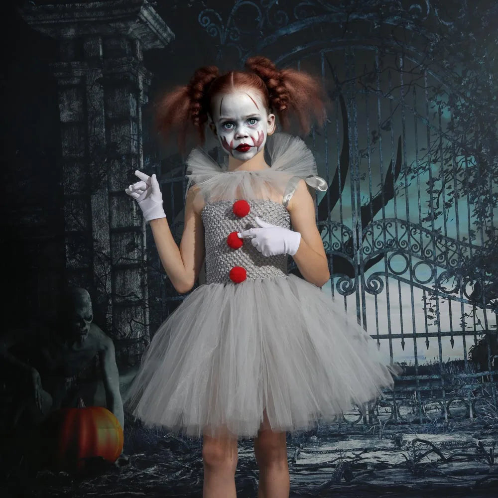 Girls Gray Joker Tutu Costume – Handmade Mesh Dress for Halloween & Cosplay | Ages 2–12Y