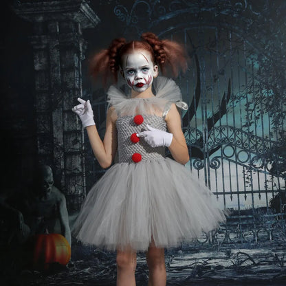 Girls Gray Joker Tutu Costume – Handmade Mesh Dress for Halloween & Cosplay | Ages 2–12Y