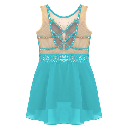 Rhinestone Gymnastics Figure Skating Dress for Teen Girls Sleeveless Sheer Mesh Tutu Ballet Leotard Lyrical Performance Costume