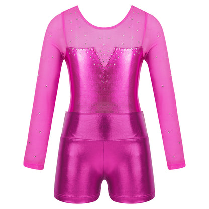 Girls Sparkly Rhinestone Ballet Dance Gymnastics Leotard & Shorts (Age 4-12 YRS)