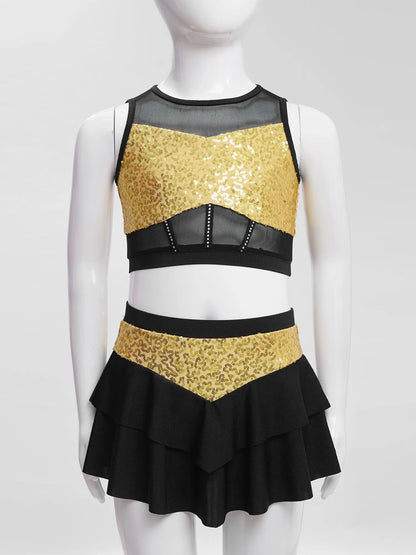 Girls Sequin Sheer Mesh Crop Top & Tiered Skirt Set (Age 6-16YRS)